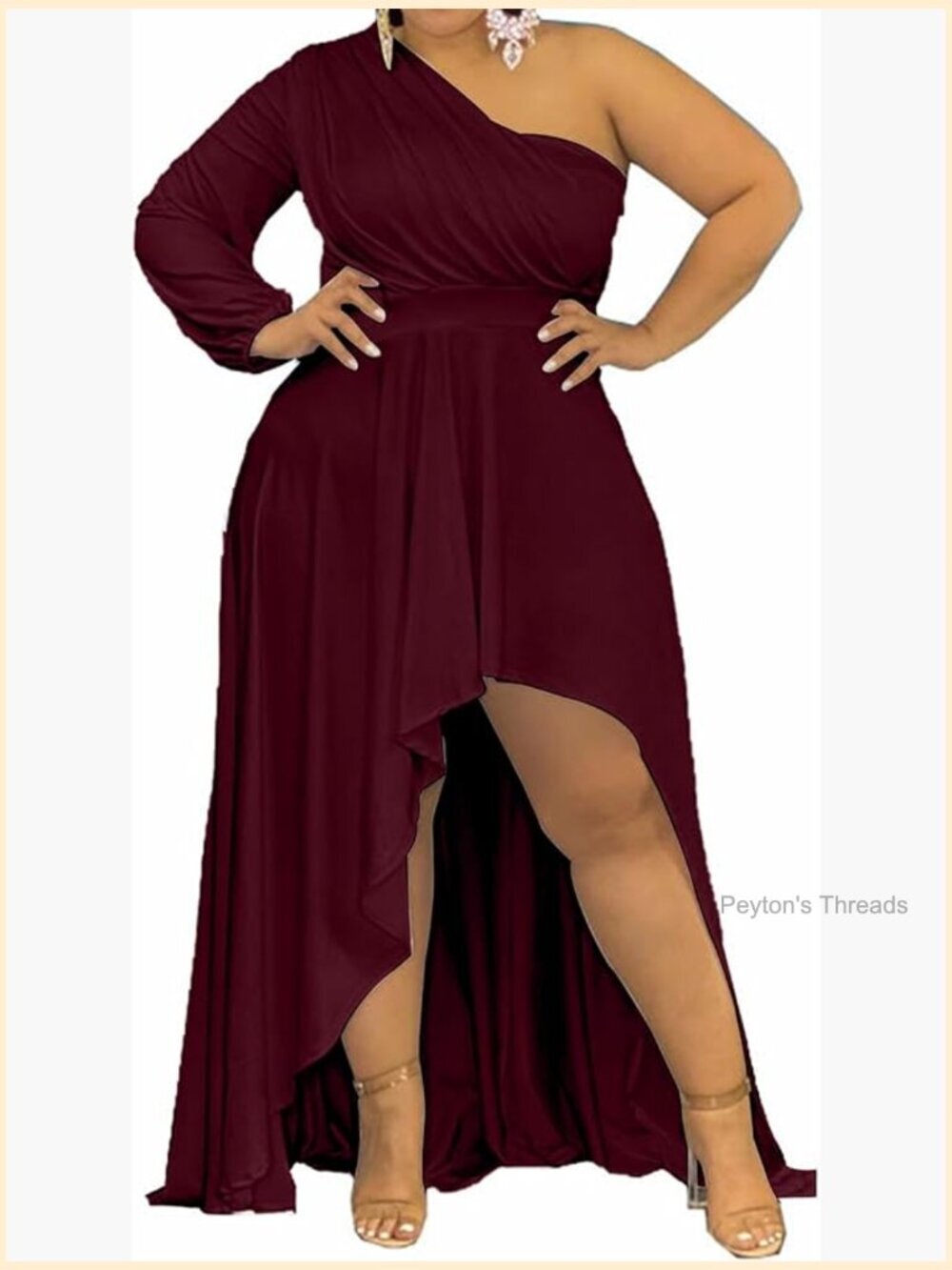 Plus Size One Shoulder Maxi Dress Long Sleeve High Low Flowy Ruffle Hem